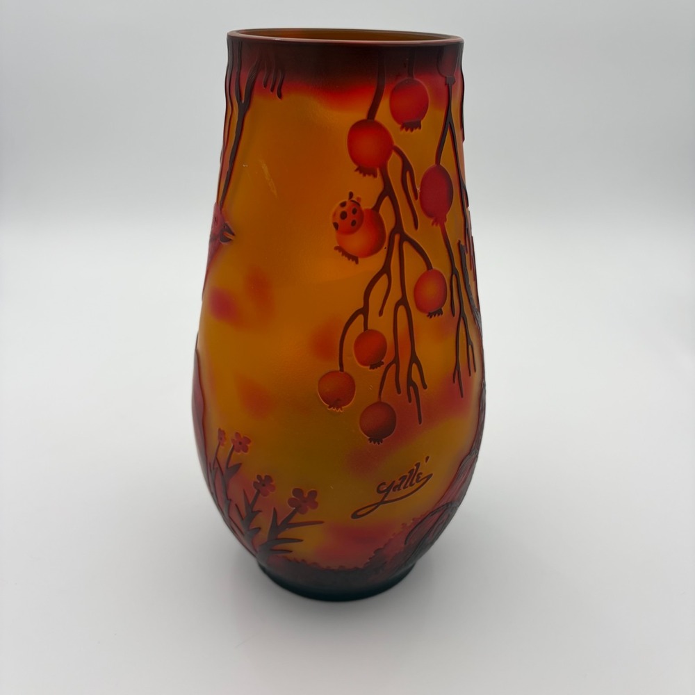 Emile Galle Nouveau Cameo Glass Vase Orange Signed Beautiful Rare Floral Fruit